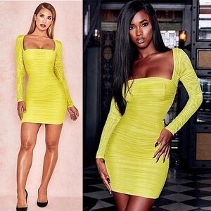NWT HOUSE OF CB 90s Neon Long Sleeve Ruched Sheer Mesh Bodycon Mini Dress XS